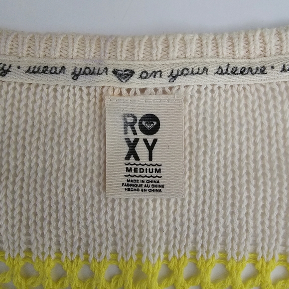 Y2K Roxy Pullover Sweater Size M Yellow Ivory Stripes Open Knit Scoop Neck Vtg - Picture 3 of 11